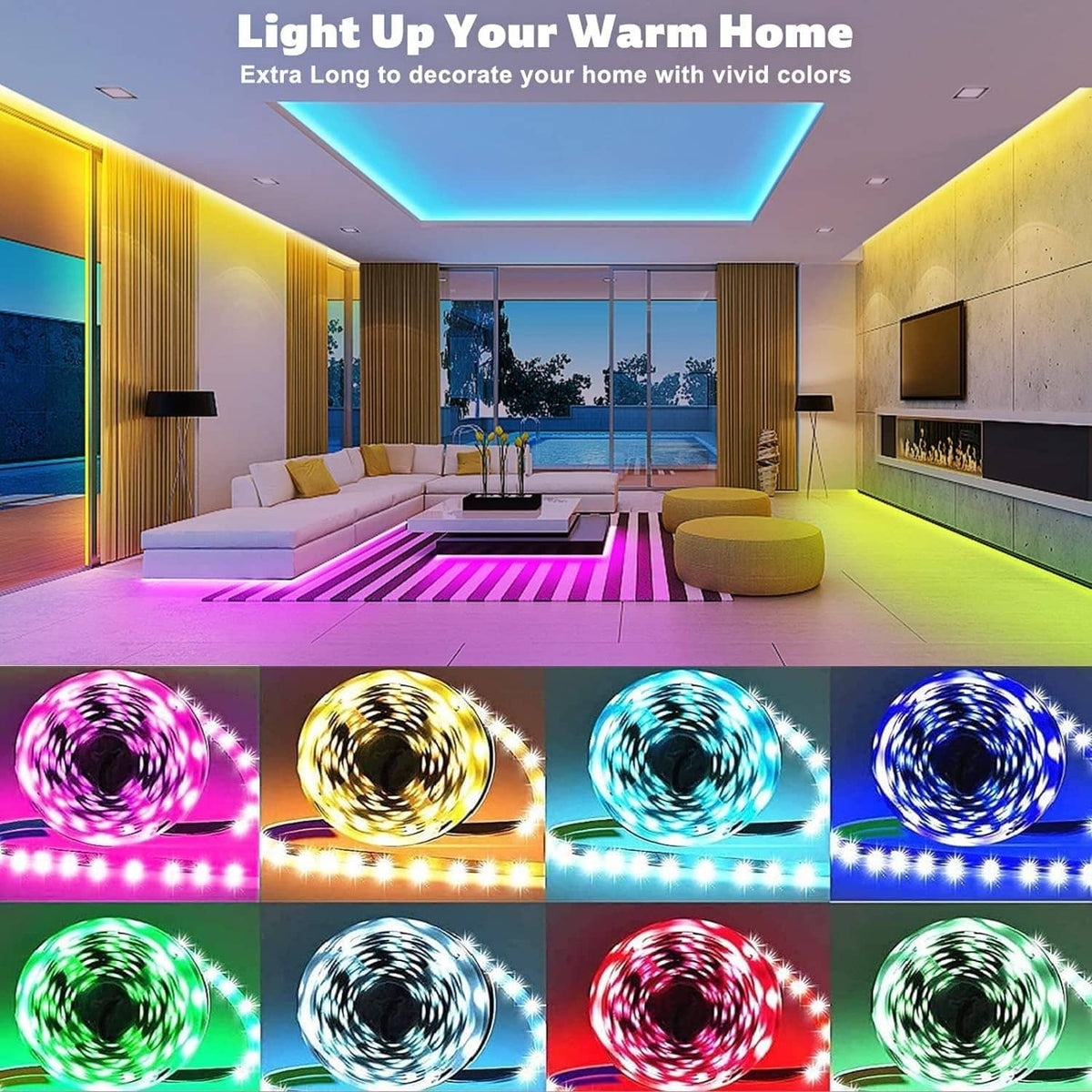 Glowing RGB multicolor LED strip lights showing four color reels