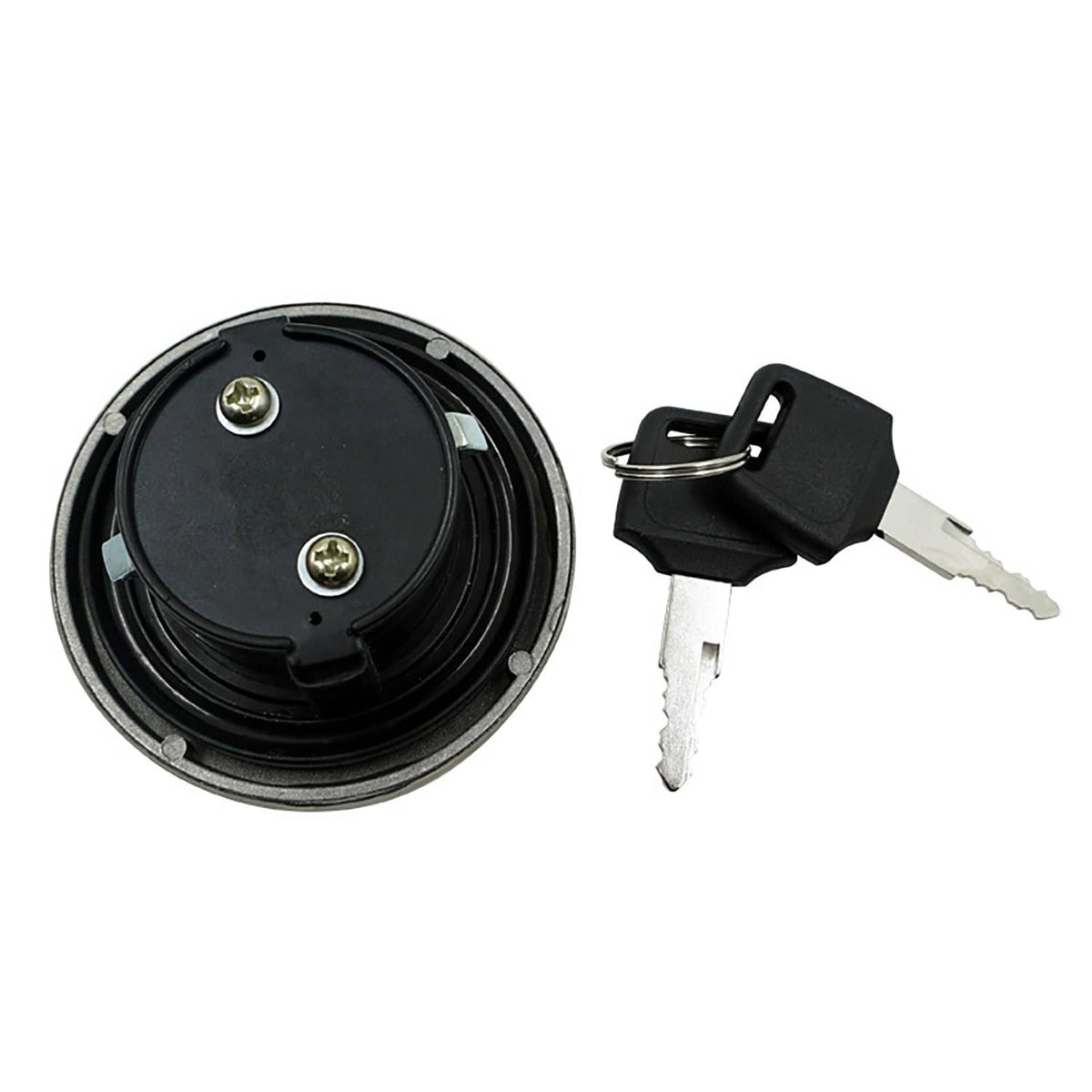 Fuel tank lock cap cover with black base and two keys, top and keys view
