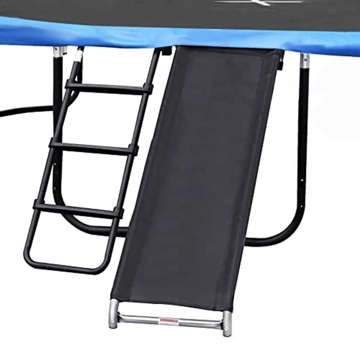 Universal trampoline ladder slide kit with black ladder and dark slide ramp