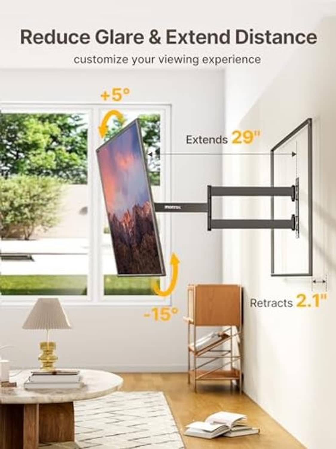 Long arm TV wall mount holding a flat-screen TV, extended from the wall