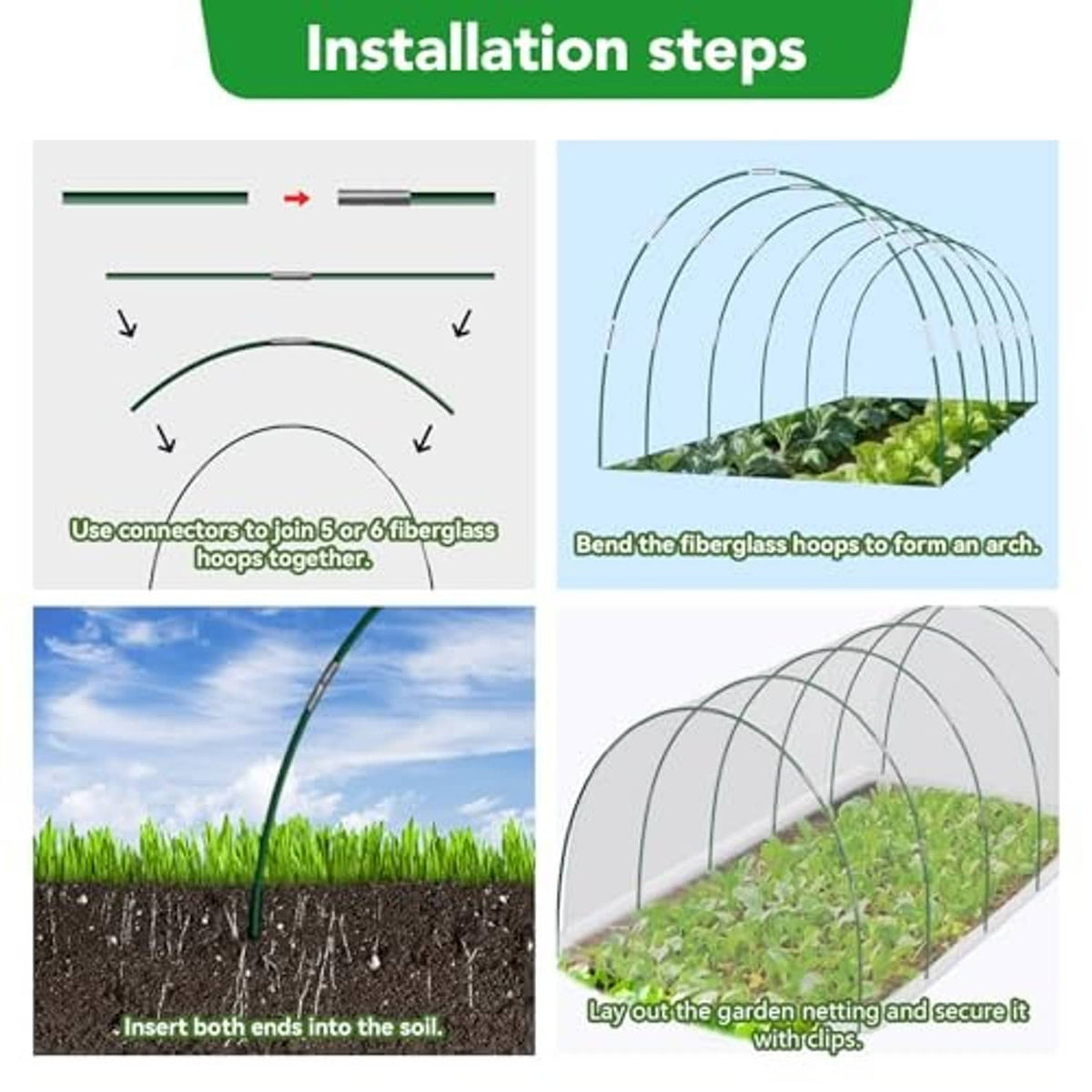 Installation steps for garden mesh netting: bend hoops, lay over bed, secure with clips.