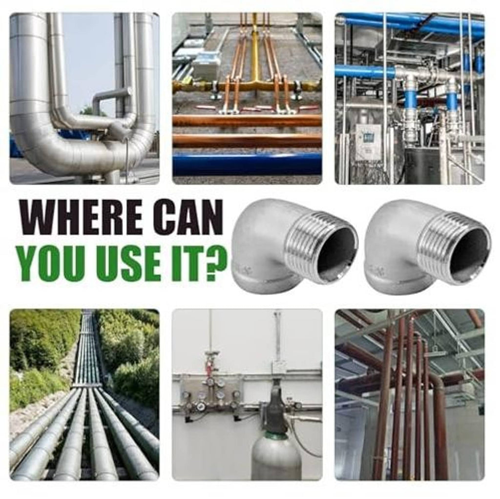 Stainless steel 90-degree elbow fittings with NPT threaded ends shown for piping use