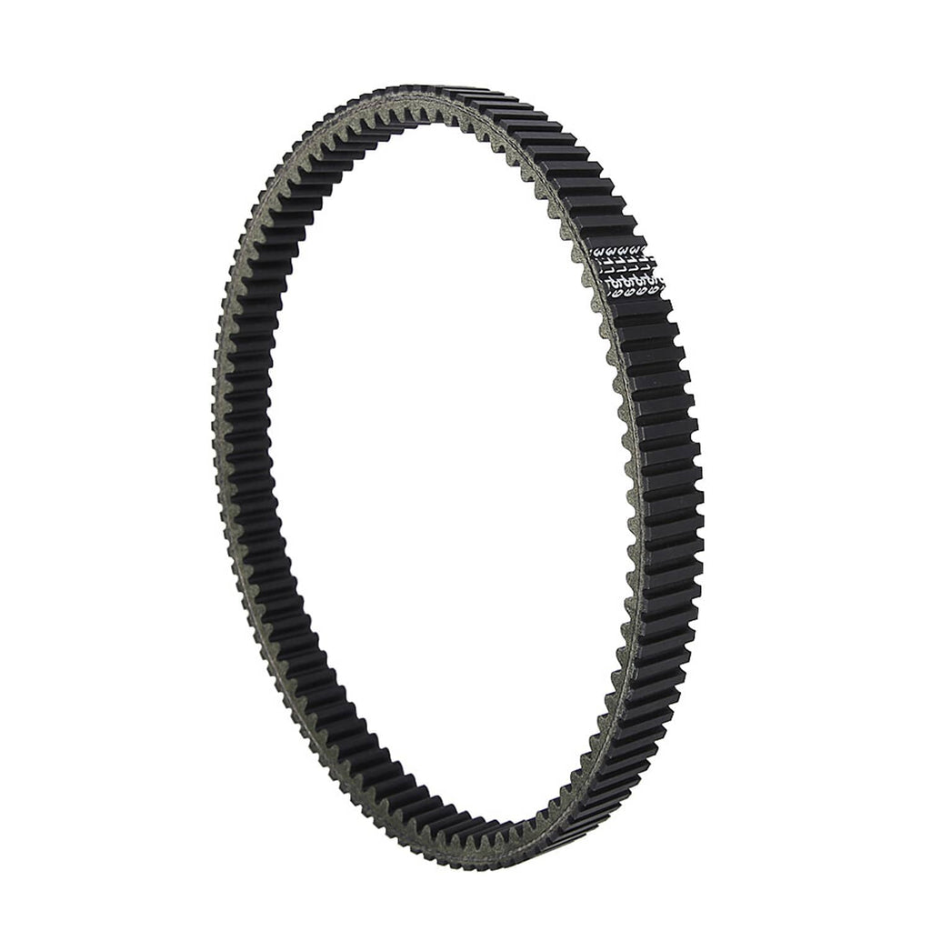 Black toothed drive belt loop showing thickness from the side
