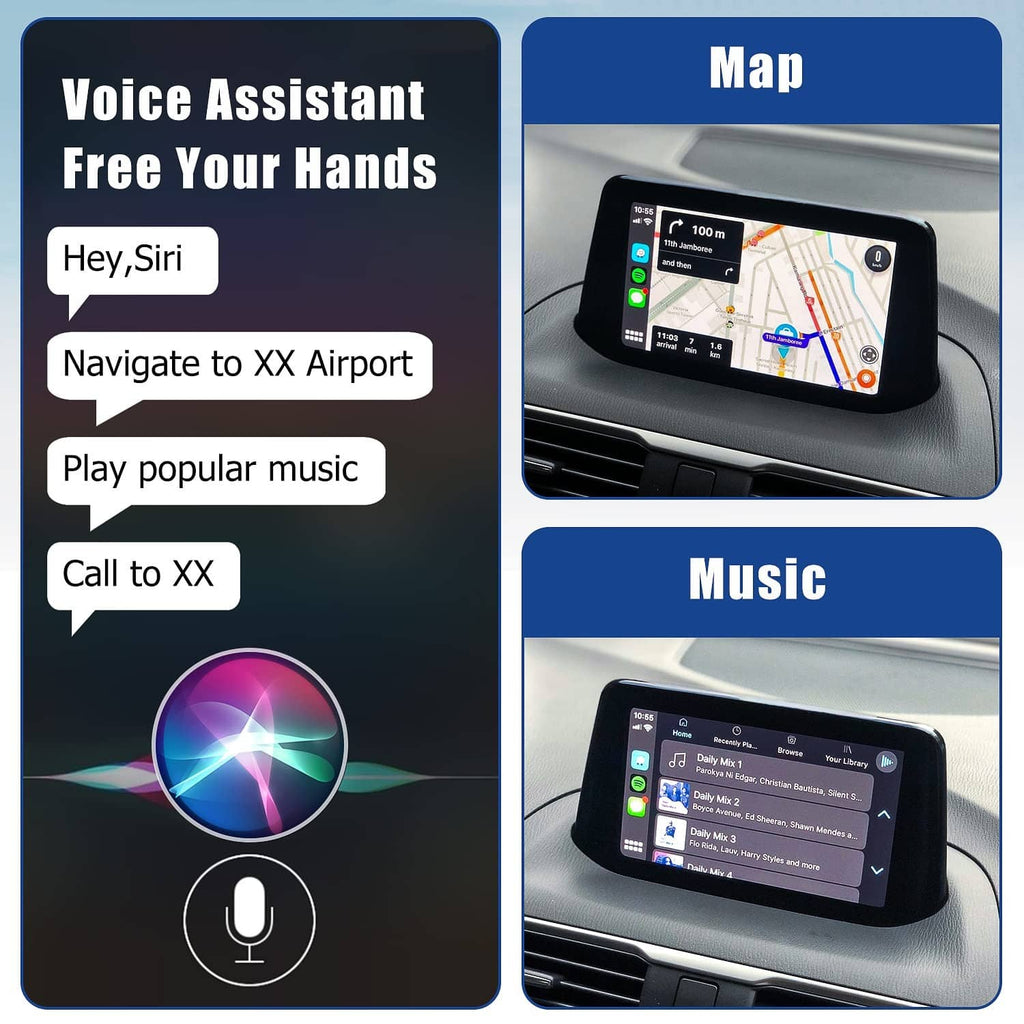 Feature panels for voice assistant, map, and music on car infotainment screens