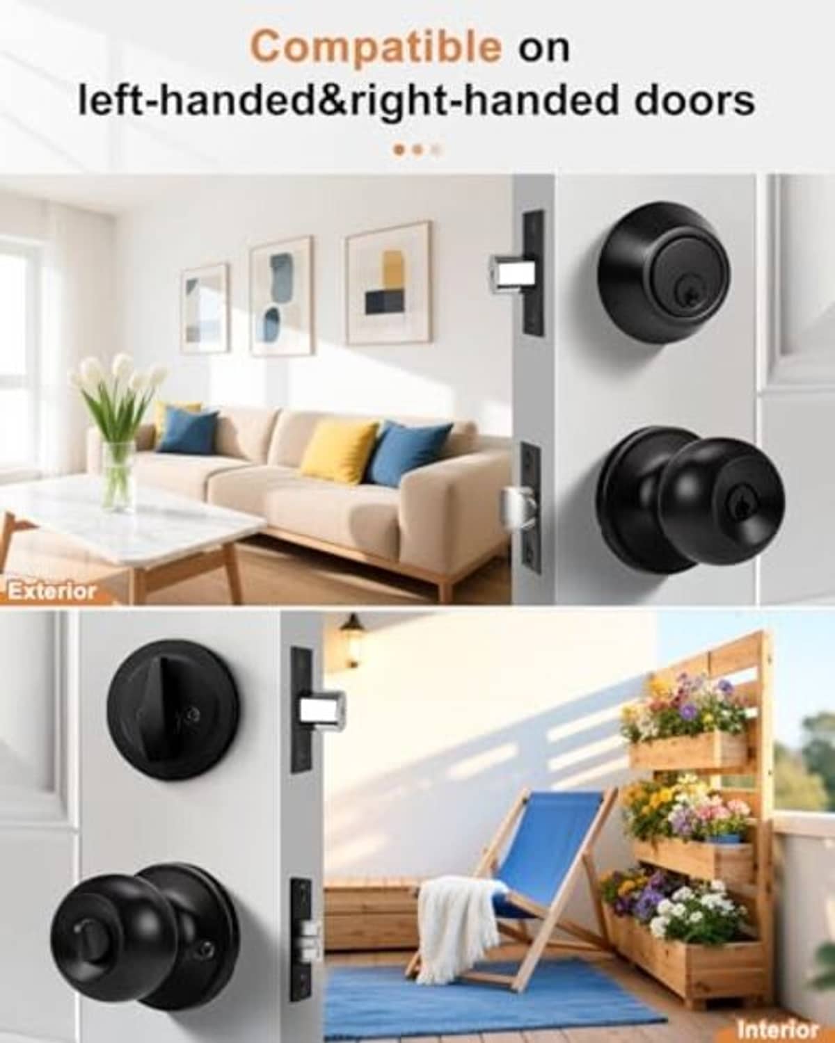 Black keyed exterior and interior door knob lockset with cylinder latch