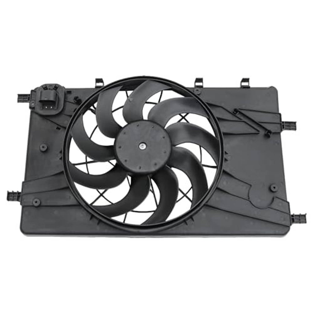 Engine radiator cooling fan assembly, front view with fan blades and mounting tabs