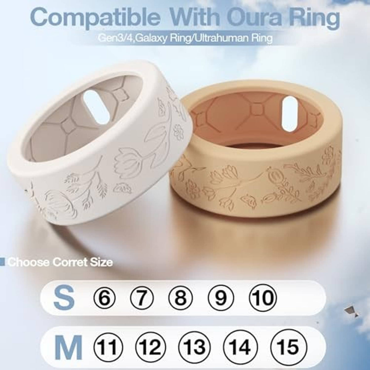 Pair of floral engraved silicone ring covers, white and tan, shown open and closed