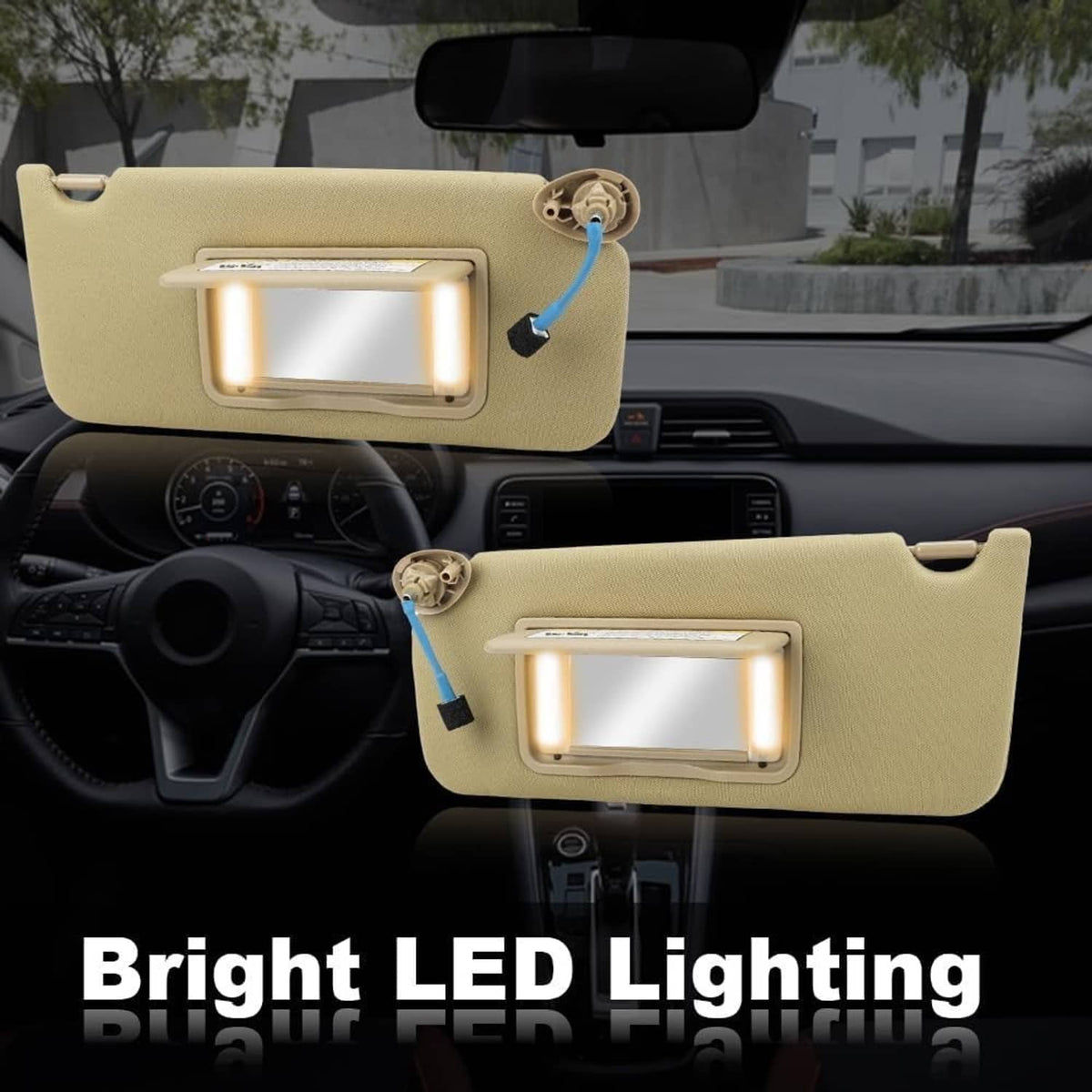 Pair of tan sun visors showing bright LED light panels and mirror windows