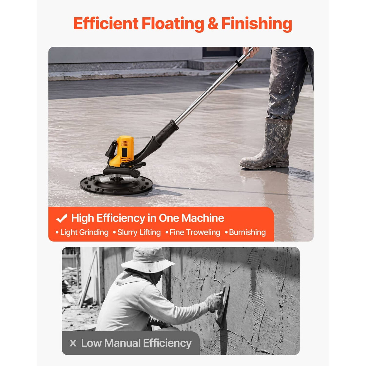 Electric concrete trowel finisher in use on a flat concrete surface