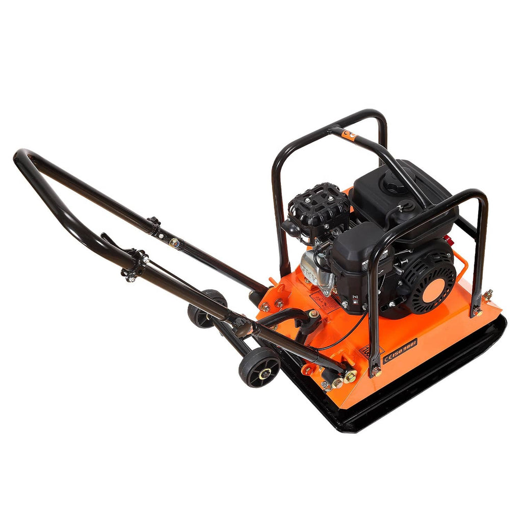 Orange vibrating ground rammer with black handles and engine, compact plate base