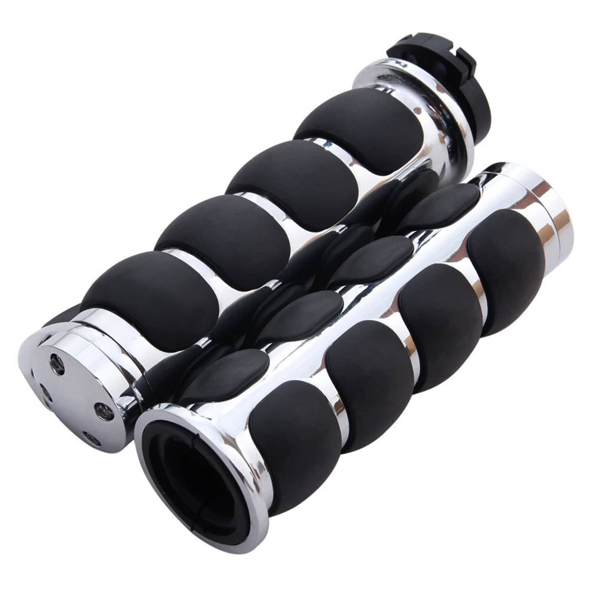 Motorcycle handlebar hand grips, black rubber with chrome ends and ring accents
