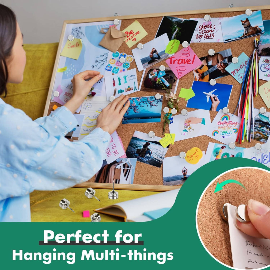 Magnetic push pins securing notes and photos on a cork board, shown being pressed in