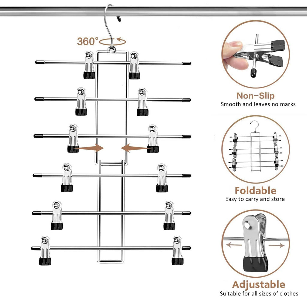 Adjustable folding silver clip pants hangers with non-slip ends and rotating hook