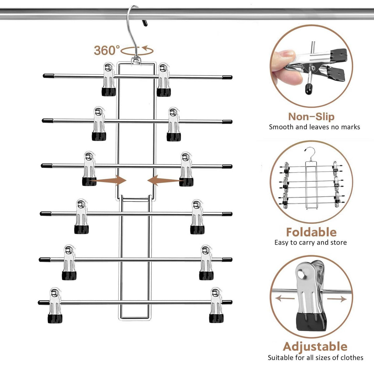 Adjustable folding silver clip pants hangers with non-slip ends and rotating hook