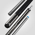 Two-piece pool cue set with black textured wrap, silver shaft, and removable joint cap.
