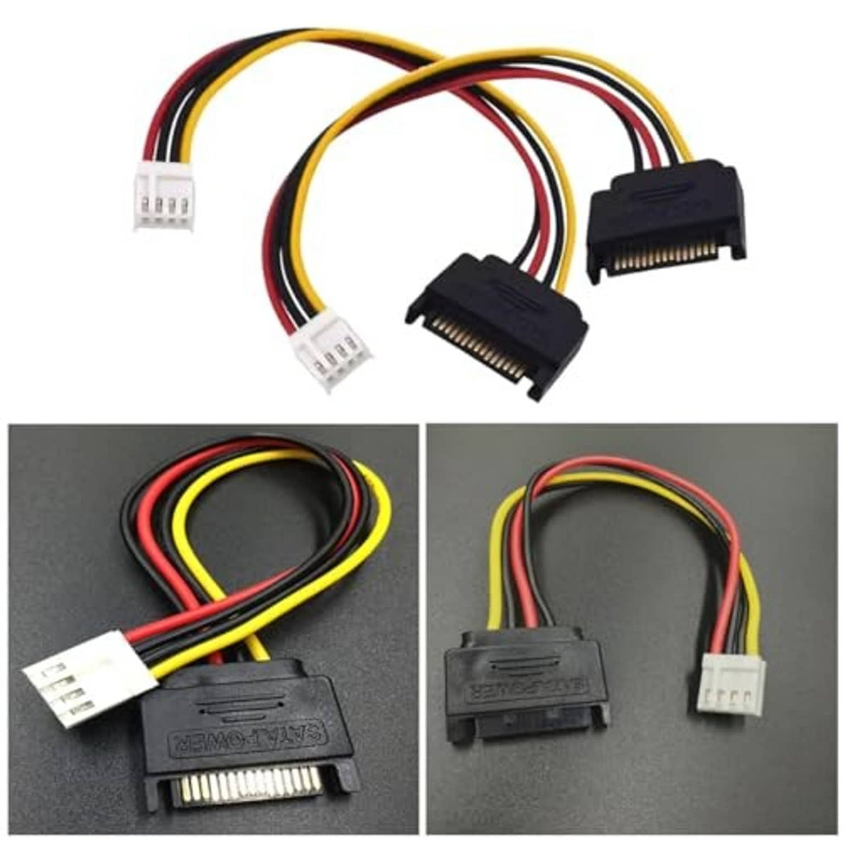 3-pack SATA to FDD power adapter cables showing black connector ports and wires