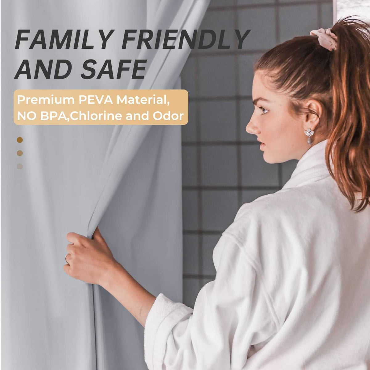 Grey shower curtain held by a person, with smooth water-resistant fabric surface