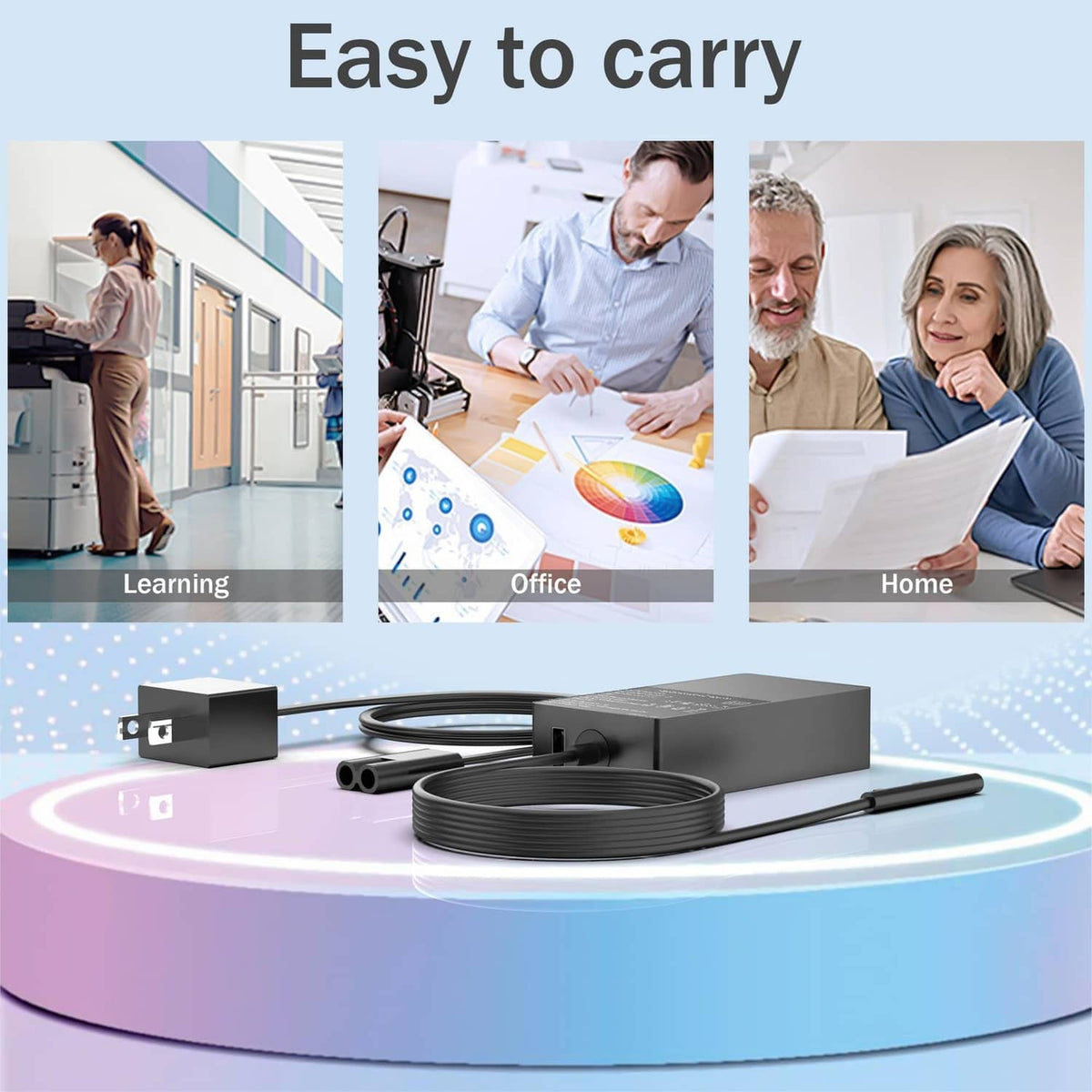 Black charger adapter with neatly coiled cable and connector ends
