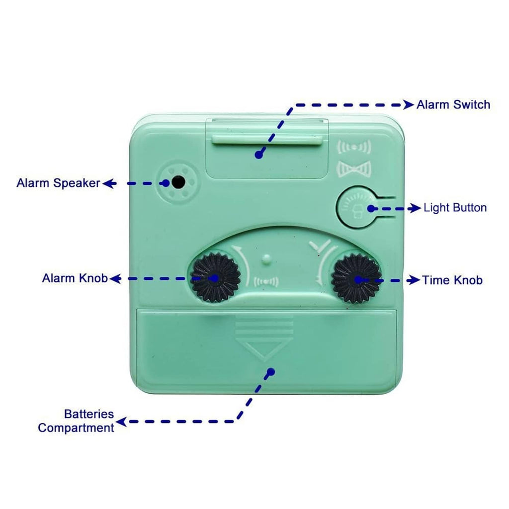 Mint teal back of travel alarm clock showing alarm speaker, light button, knobs, batteries