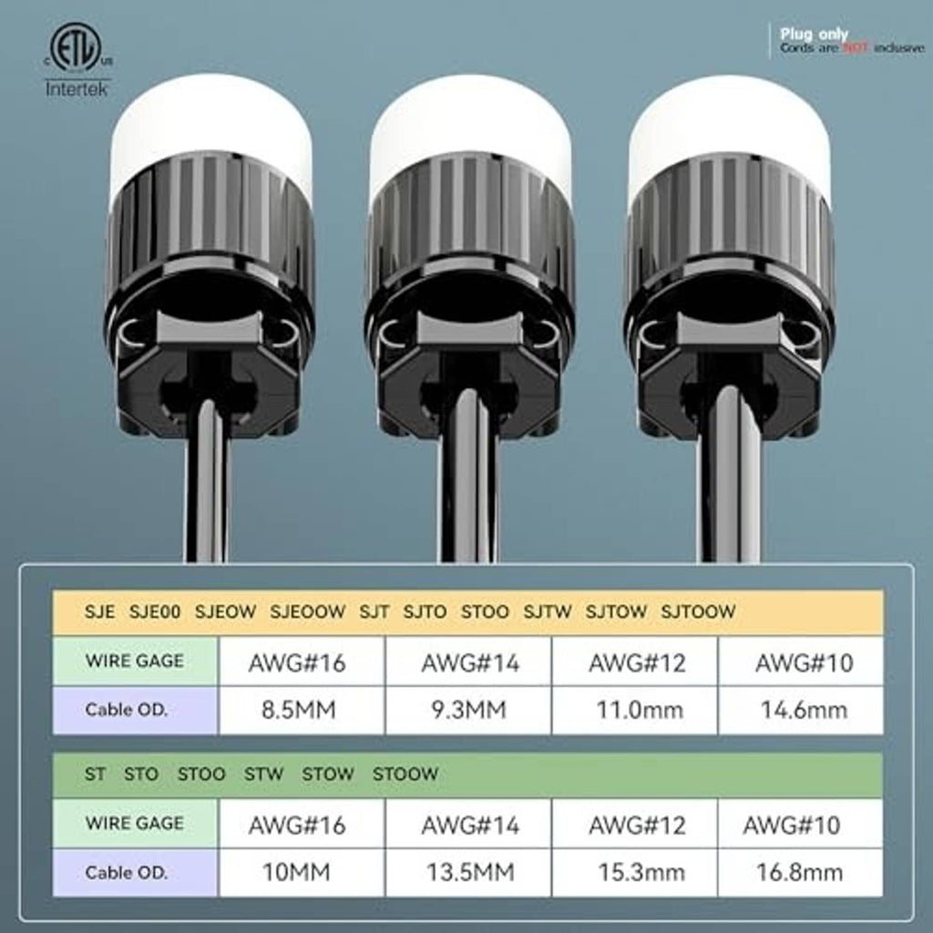 NEMA L6-30R wire gauge and cable size compatibility chart for SJE/SJT/STO types