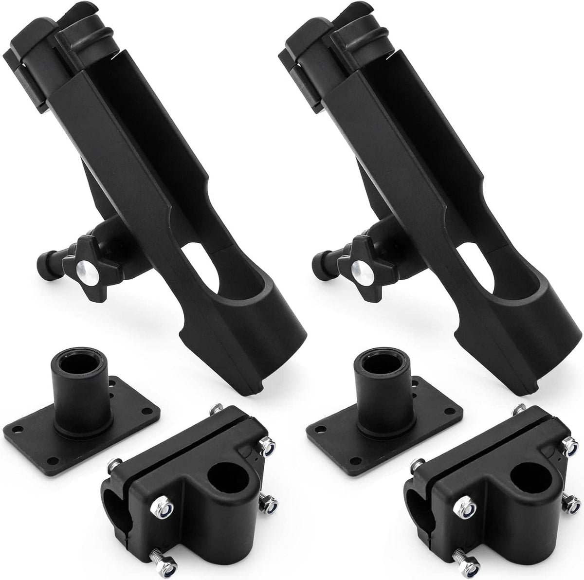 Black dual fishing rod holders with mounting bases and adjustable rod cradles