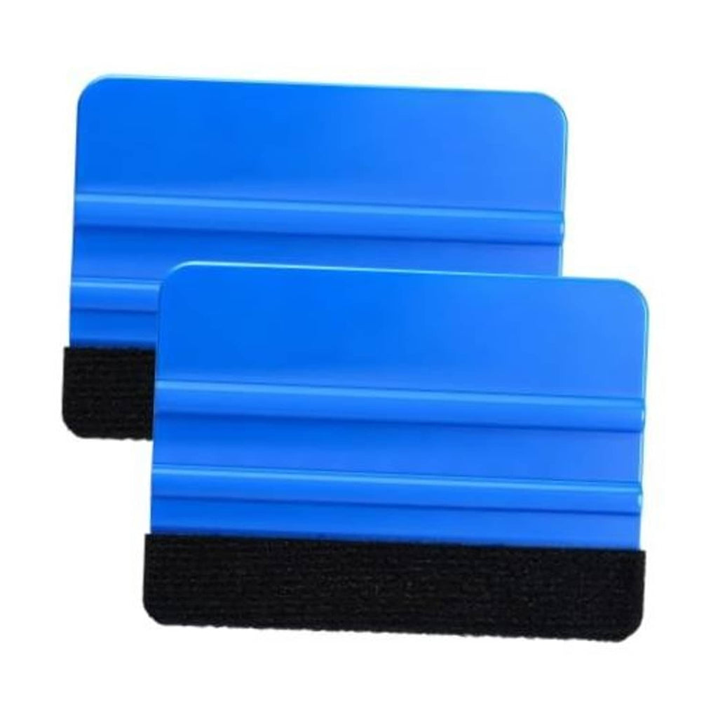 Set of 2 blue plastic squeegees with black felt edge, vinyl wrap scraper tools