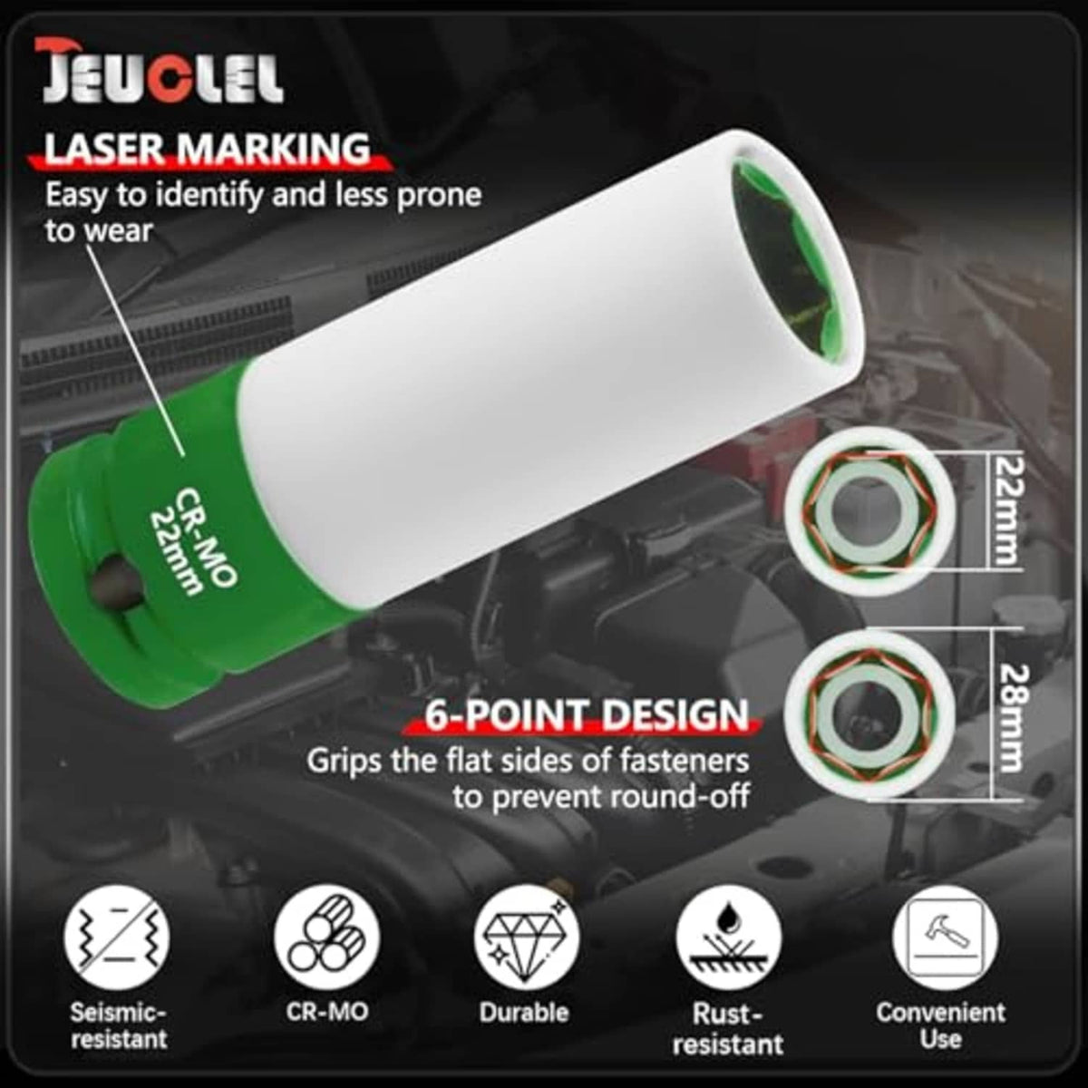 22mm impact socket sleeve, white tube with green CR-MO base and 6-point grip