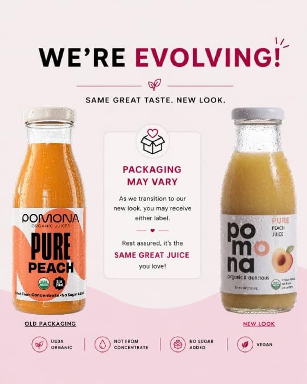 Two Pomona organic peach juice bottles with packaging may vary graphic