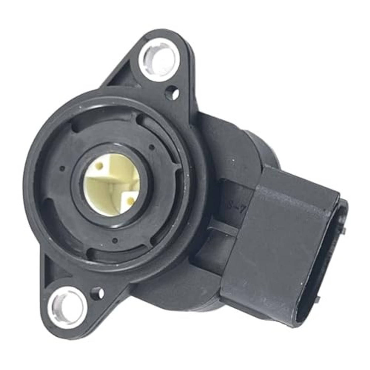 Throttle position sensor (TPS) close angled view with circular window and black electrical connector