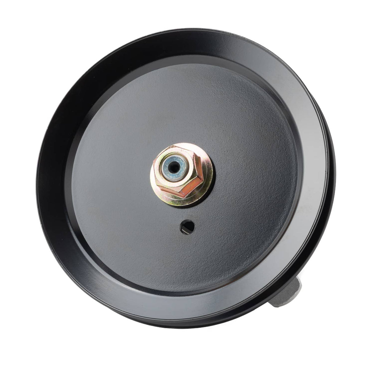 Metal spindle assembly pulley with center bolt and threaded nut insert, gray and black
