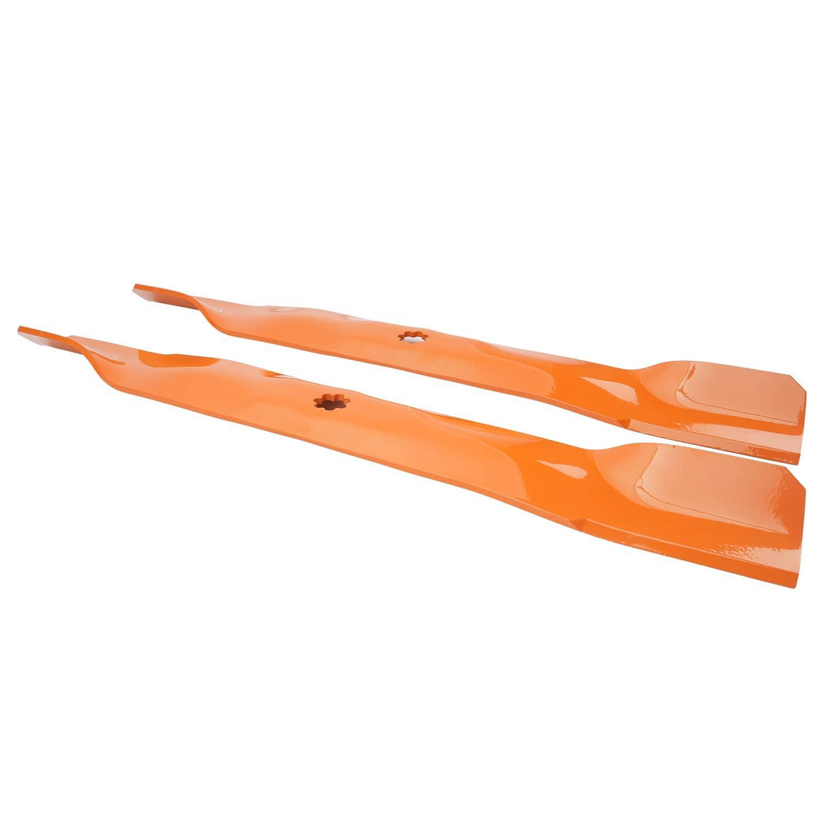 Set of mower deck blades, orange coated strips with center mounting holes