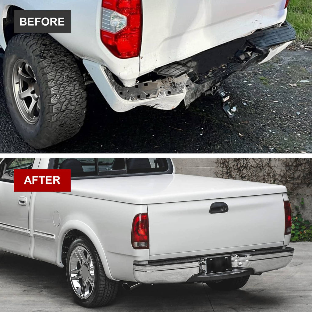 Installed rear step bumper with chrome trim and black textured step pad on a pickup truck
