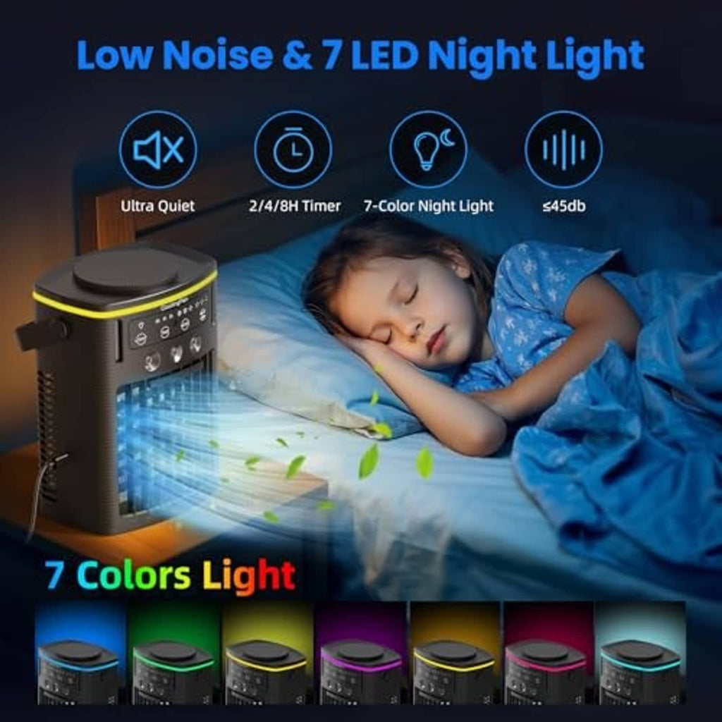 Black portable air cooler with blue LED night light glow and control panel