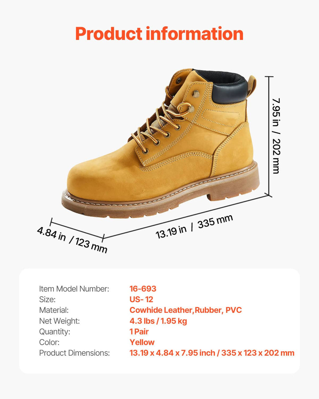 Yellow lace-up work boot with black lining, side stitching, and thick rubber outsole
