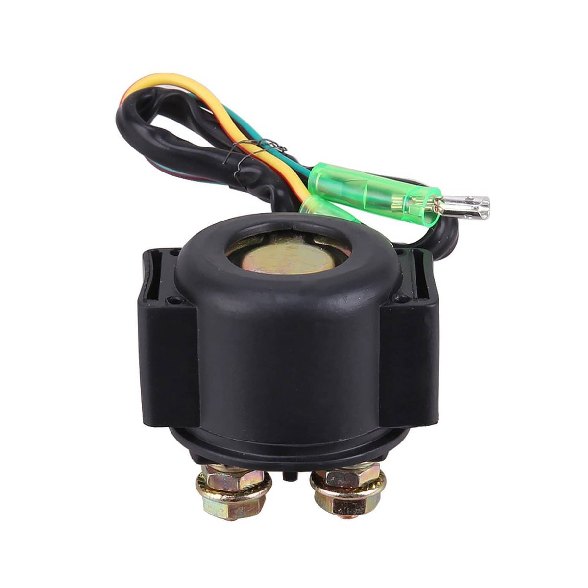 Starter relay solenoid with black canister, green connector, and multicolor wires