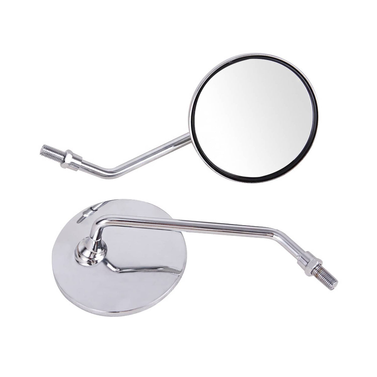 Round chrome motorcycle rearview mirror with black-edged glass and mounting arm (pair view)