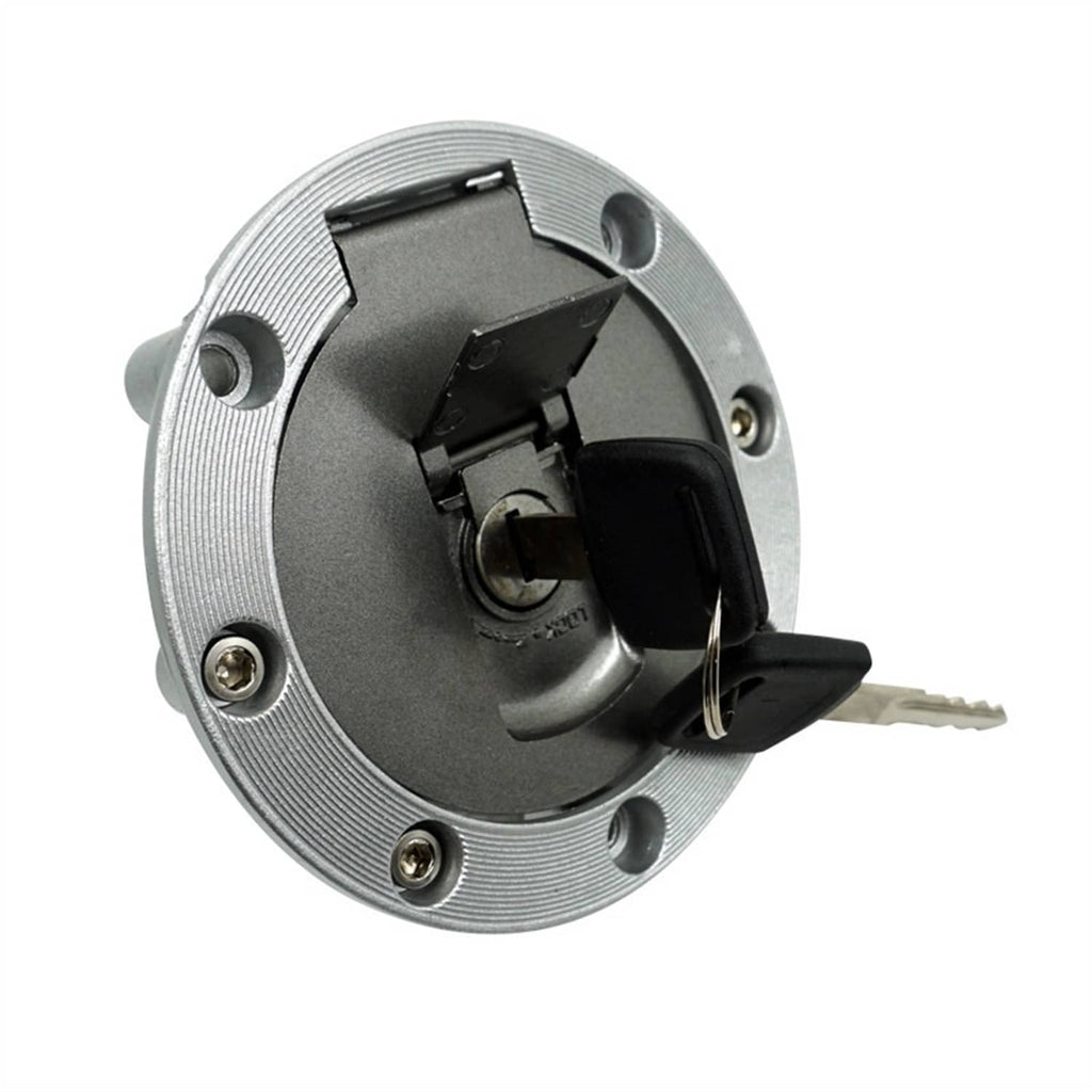 Fuel tank lock cap cover with attached key, round metal base