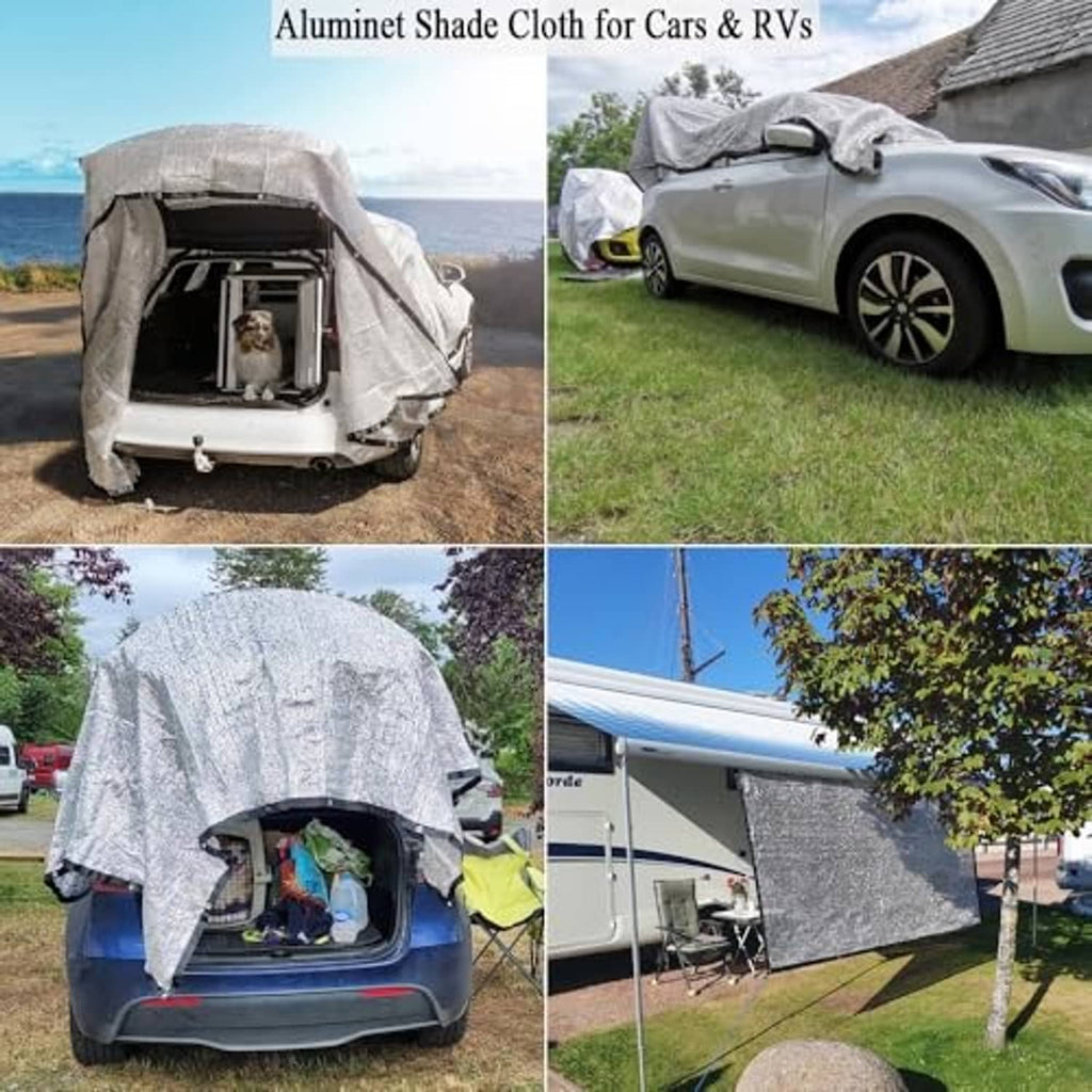 Reflective shade cloth draped over car and RV for sun and heat protection