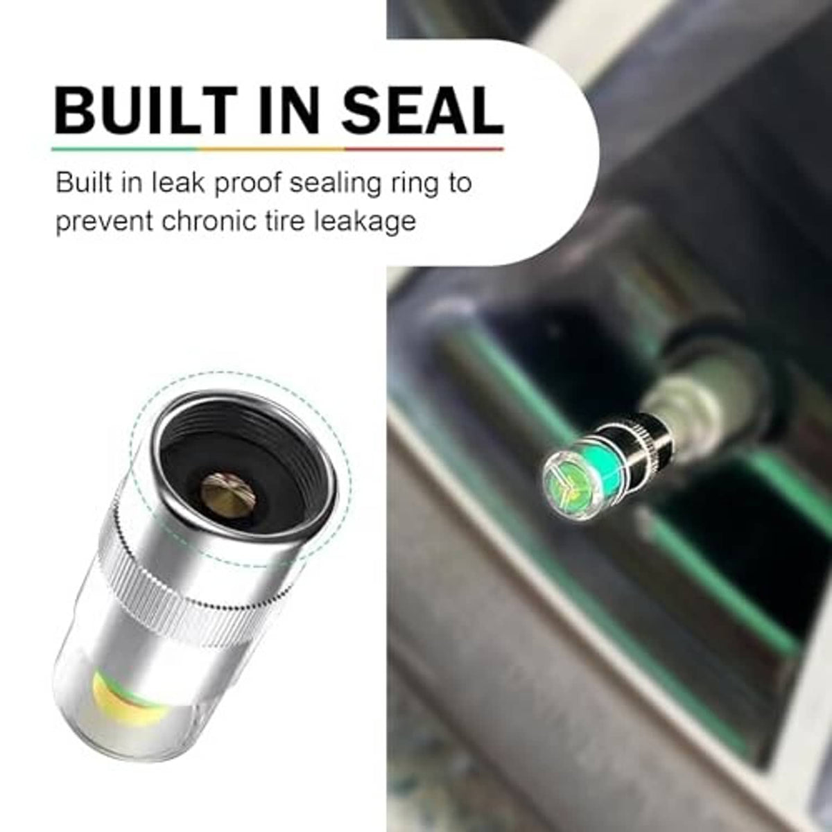 Silver valve stem cap with visible seal ring design and green indicator window