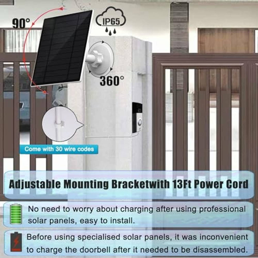 Adjustable mounting solar panel with 360° bracket, IP65, and 13 ft power cord.