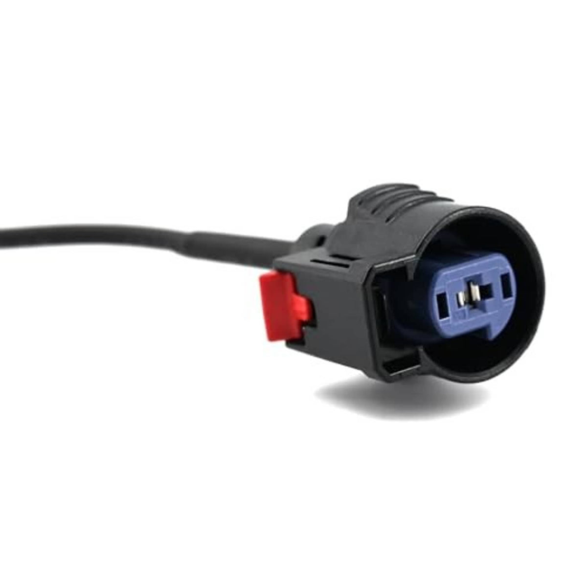 Starter wiring pigtail connector harness with blue connector face and red retention clip