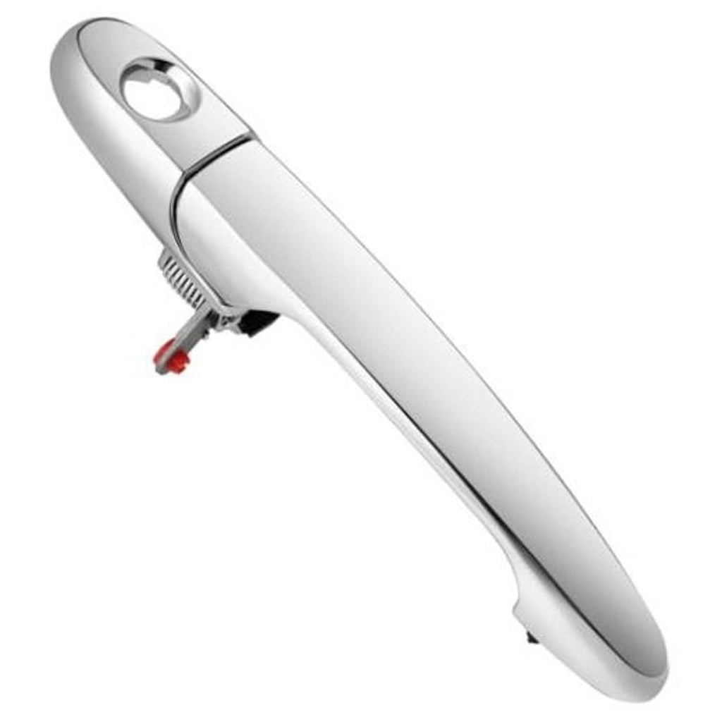 Chrome exterior door handle for front left driver side, angled view with metal spring