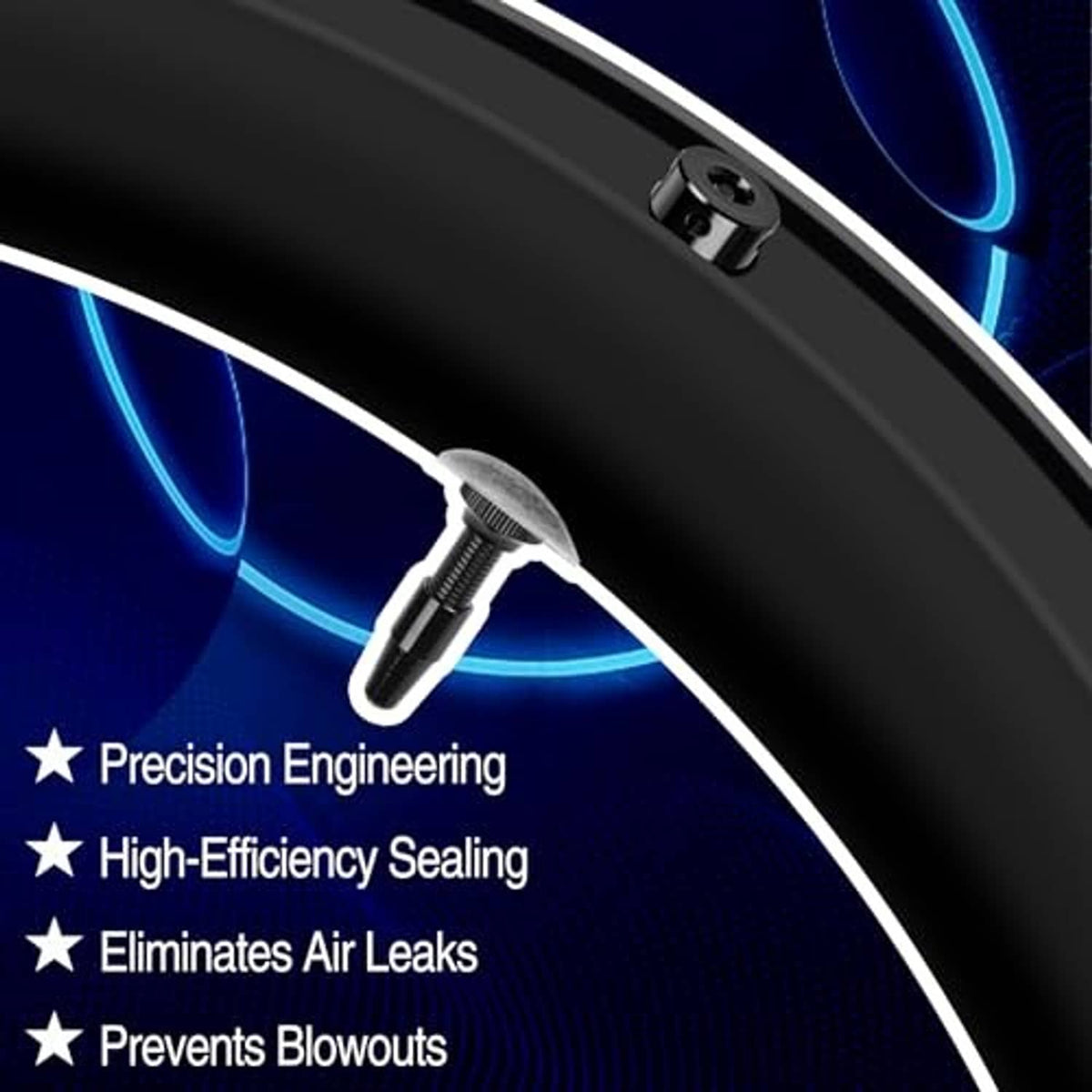 Black Presta tubeless valve stem inserted in a tire, showing threaded body and head