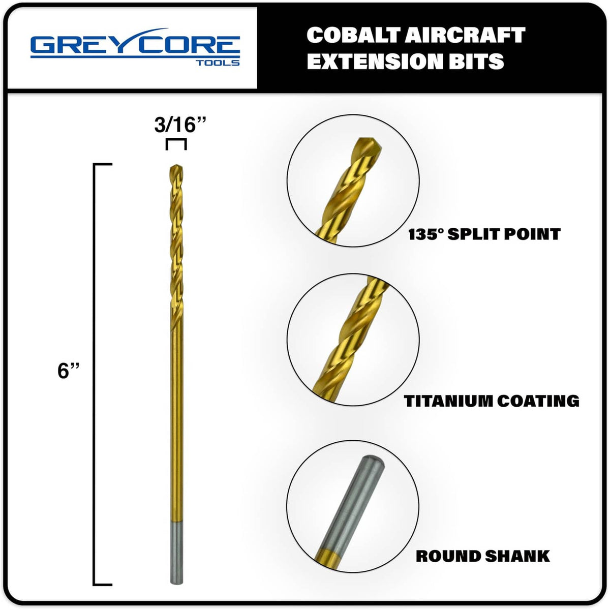 Greycore Tools 3/16 in x 6 in extension drill bit, 135 split point, titanium coated