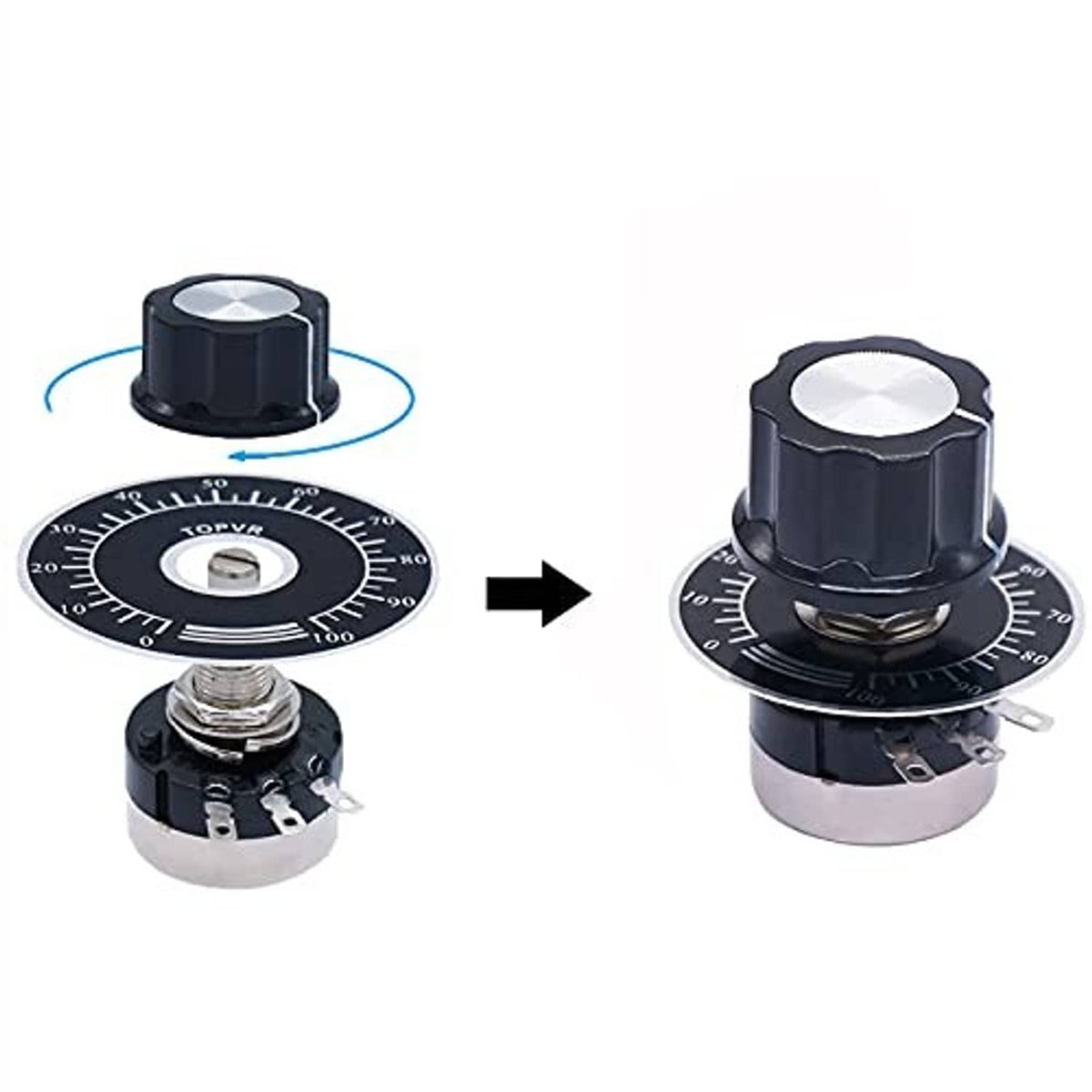 Rotary potentiometer with black knob and marked dial, showing knob position change arrows.