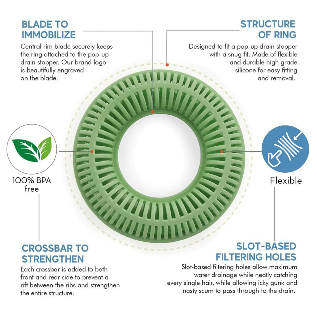 Flexible sage green circular hair catcher ring with radial slots and inner opening