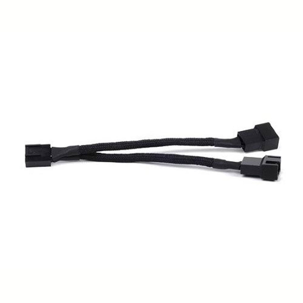 Black dual PWM fan splitter cables with end connectors on sleeved leads