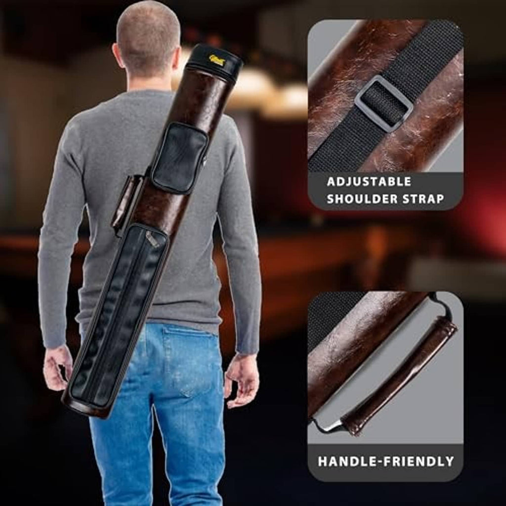 Brown pool cue case with adjustable shoulder strap and carry handle, zip pocket