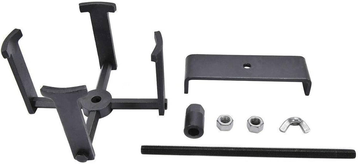 Clutch spring compressor tool parts set with support forks, bolt, and pins