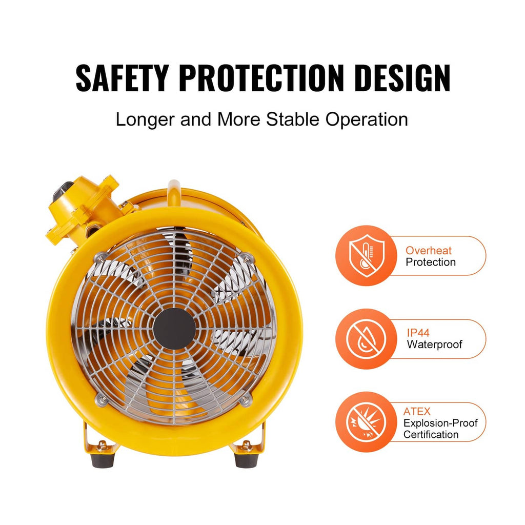 Yellow portable extractor fan blower with front grille and safety protection indicator labels